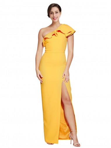 One Shoulder Floor Length Crepe Formal Dress with Thigh High Split UK