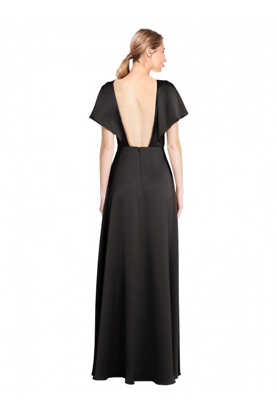 Cap Sleeves Open Back Long Stretch Satin Formal Dress UK