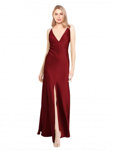 Floor Length Deep V-Back Stretch Satin Formal Dress with Front Slit UK