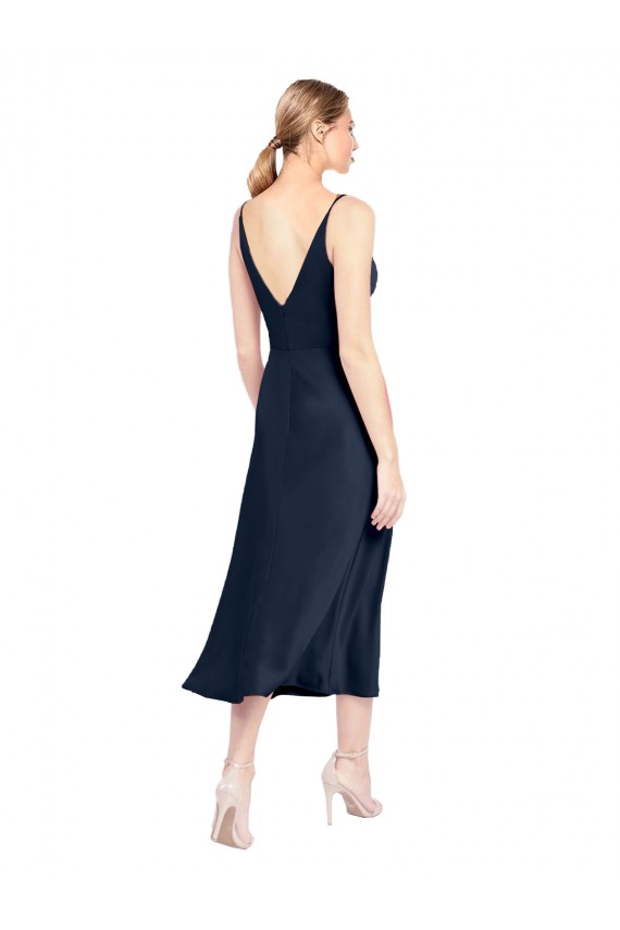 V-Neck Midi Length Short Stretch Satin Cocktail Formal Dress V-Back UK