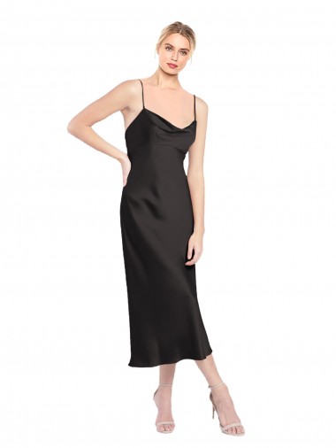 Cowl Neck Midi Length Short Stretch Satin Slip Cocktail Formal Dress UK