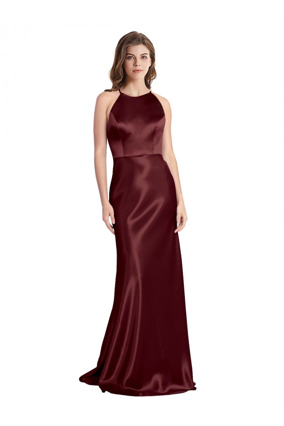 High Neck Halter Long Sleeveless Stretch Satin Formal Dress with Strappy Back UK
