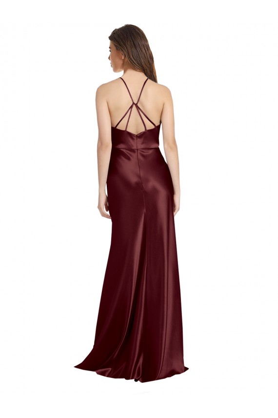High Neck Halter Long Sleeveless Stretch Satin Formal Dress with Strappy Back UK