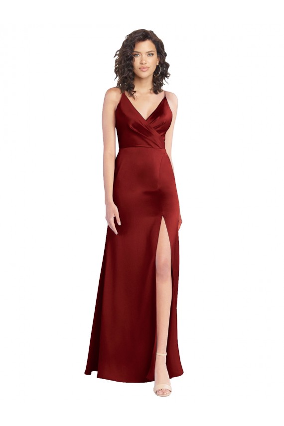 Faux Surplice Neckline Long Slim A-Line Stretch Satin Formal Dress UK