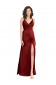 Faux Surplice Neckline Long Slim A-Line Stretch Satin Formal Dress UK