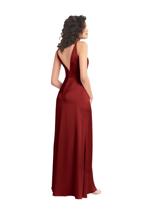 Faux Surplice Neckline Long Slim A-Line Stretch Satin Formal Dress UK