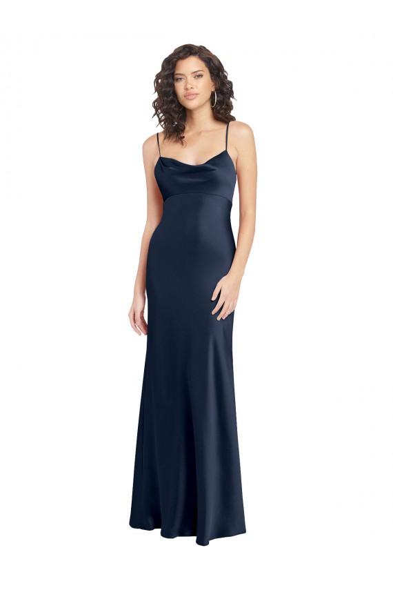 Cowl Neck Long Empire Waist Stretch Satin Formal Dress with Open Back UK