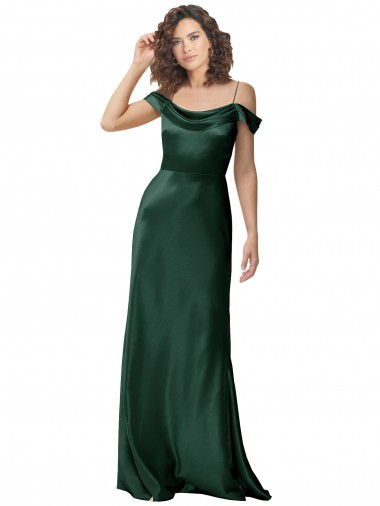 Off the Shoulder Sleeves Long Stretch Satin Formal Dress with Pleated Draped Neckline UK