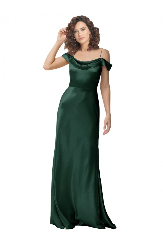 Off the Shoulder Sleeves Long Stretch Satin Formal Dress with Pleated Draped Neckline UK