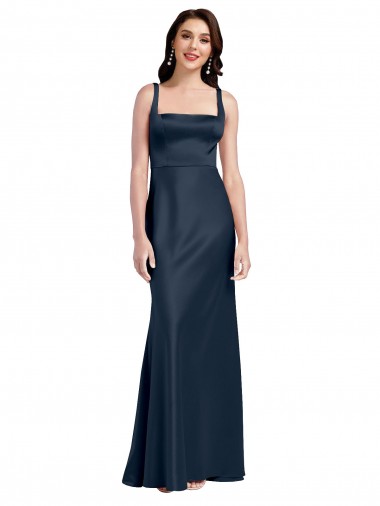 Square Neck A-Line Long Stretch Satin Formal Dress with Wide Straps UK