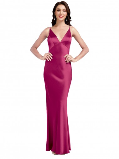 V-Neck Spaghetti Straps Slim Stretch Satin Formal Dress with Low Scoop Back UK