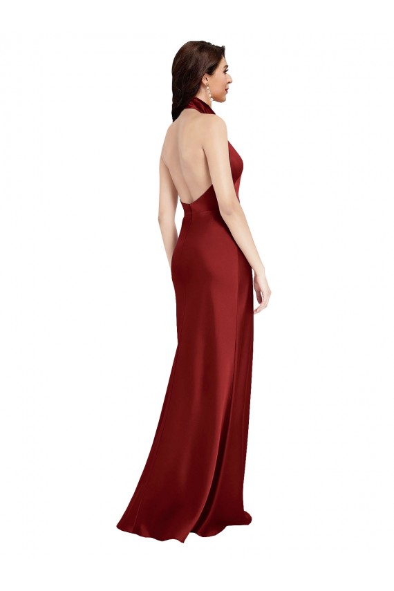 Backless Halter Long Stretch Satin Formal Dress UK