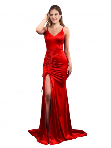 Long Pleated Stretch Satin Formal Dress with High Slit UK
