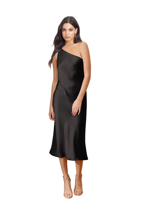 Sleek One Shoulder Midi Length Short Stretch Satin Slip Cocktail Formal Dress UK