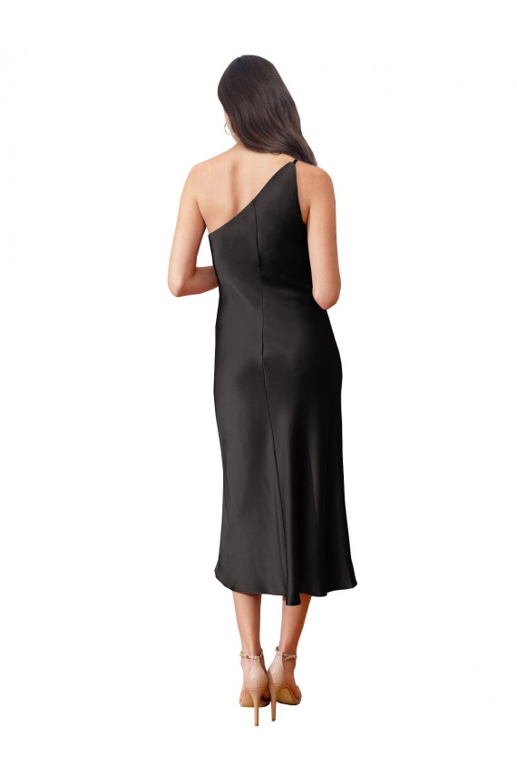 Sleek One Shoulder Midi Length Short Stretch Satin Slip Cocktail Formal Dress UK