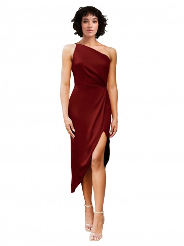 One Shoulder Midi Length Short Stretch Satin Wrap Style Cocktail Formal Dress UK