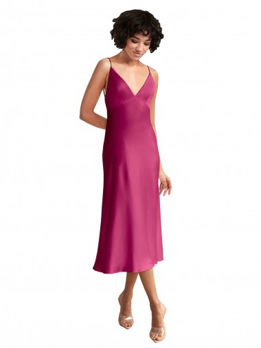 Midi Length V-Neck Short Stretch Satin Cocktail Formal Dress with Low Scoop Back UK