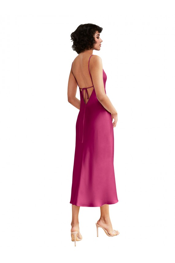 Midi Length V-Neck Short Stretch Satin Cocktail Formal Dress with Low Scoop Back UK
