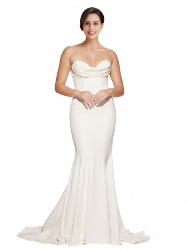 Strapless Cowl Neck Sweep Train Stretch Satin Formal Dress UK