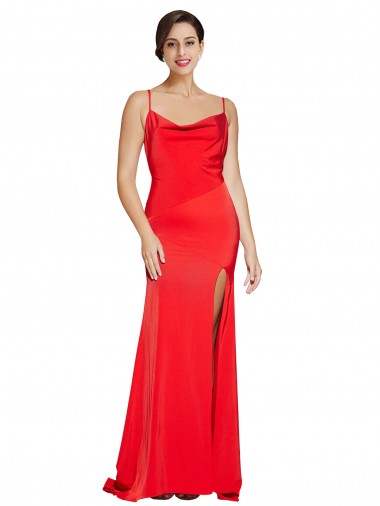Low Back Cowl Neck Stretch Satin Formal Dress with High Side Slit UK