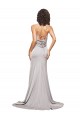 High Neck Low Back Long Full Length Stretch Satin Formal Dress UK