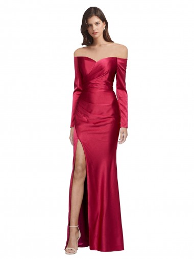 Long Sleeves Off the Shoulder Stretch Satin Formal Dress with High Side Split UK