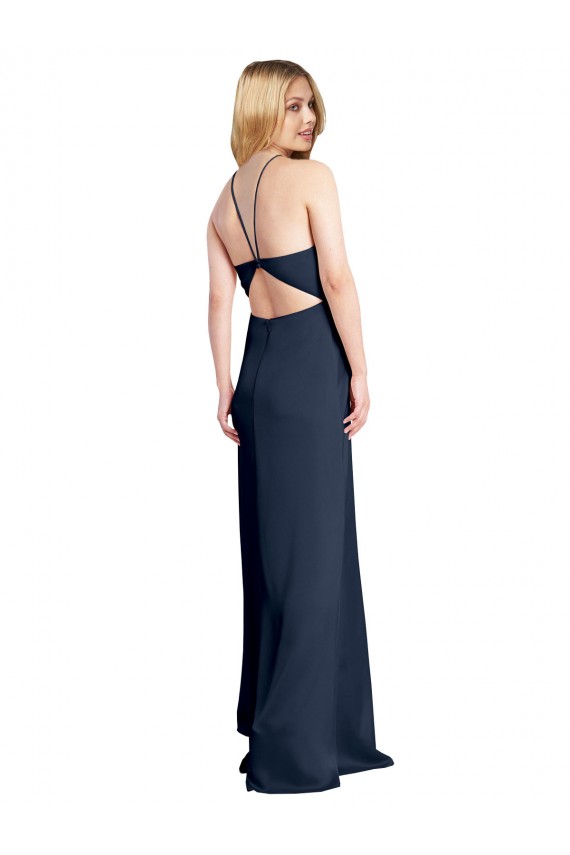 Halter Neckline Long Stretch Satin Formal Dress with Strappy Back and Side Slit UK