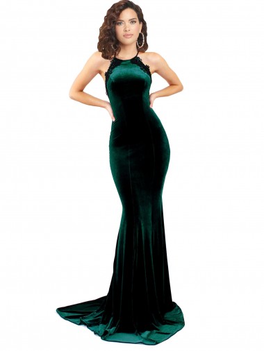 High Neck Stretch Velvet Formal Dress with Black Lace Embroidery UK