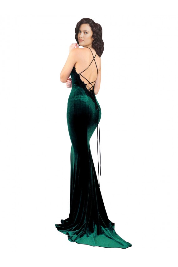 High Neck Stretch Velvet Formal Dress with Black Lace Embroidery UK