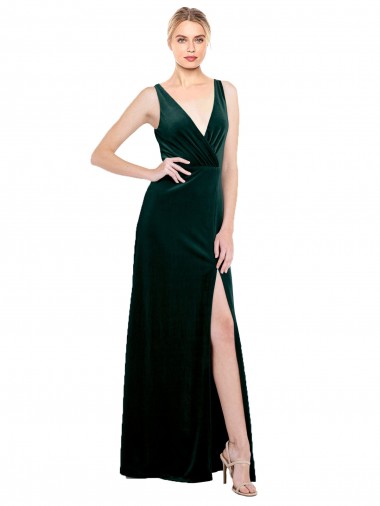 Sleek V-Neck Long Velvet Formal Dress with Side Slit UK