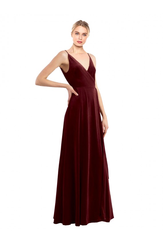 Faux Wrap V-Neck Sleek Long Velvet Formal Dress UK