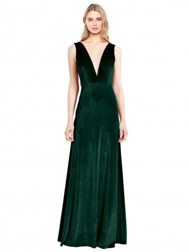 Daring Deep V-Neck Long Full Length Velvet Formal Dress UK