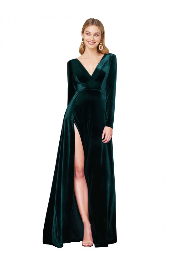 Deep V-Neck Long Sleeves Velvet Formal Dress with High Side Split UK