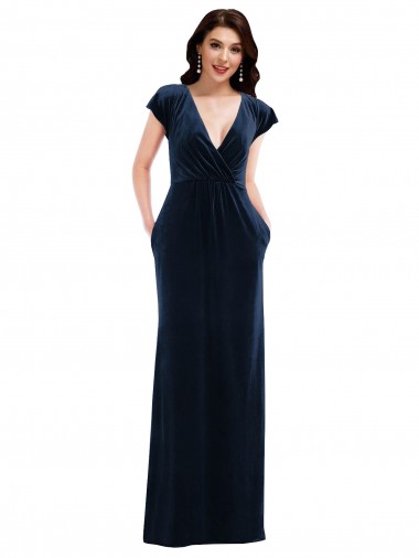 Flutter Sleeve Wrap Bodice Velvet Maxi Formal Dress with Pockets UK