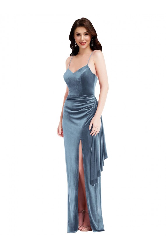 Spaghetti Strap Velvet Maxi Formal Dress with Draped Skirt UK