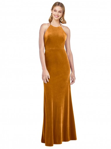 Halter Neckline Long Full Length Velvet Formal Dress with Strappy Back UK