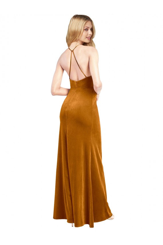 Halter Neckline Long Full Length Velvet Formal Dress with Strappy Back UK