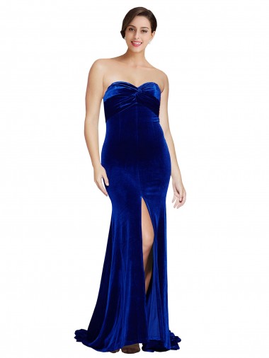 Strapless Ruched Velvet Formal Dress with Sweep Train and Front Slit UK