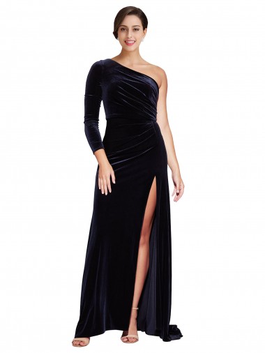 One Sleeve Long Velvet Formal Dress with Thigh High Split UK