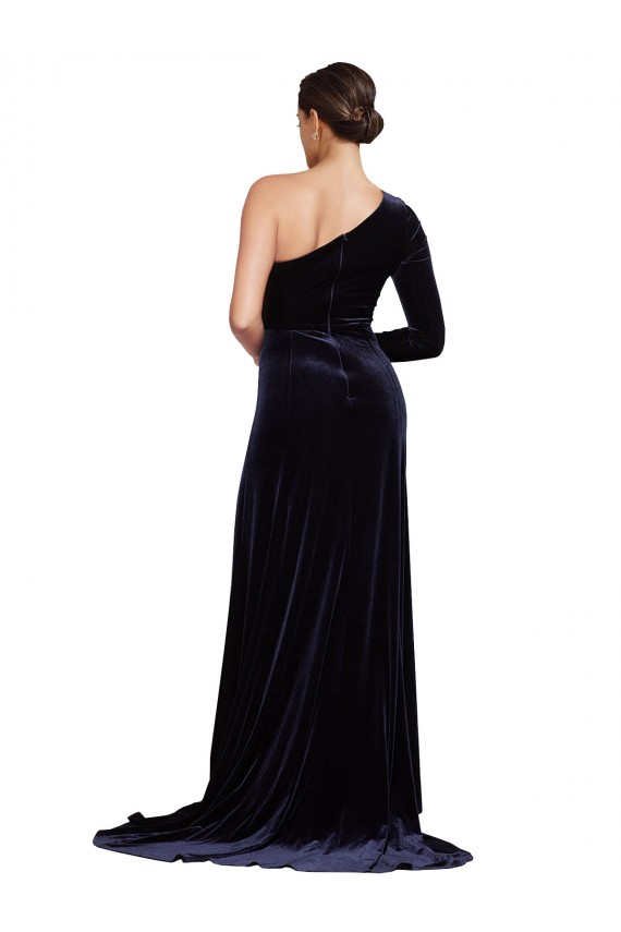 One Sleeve Long Velvet Formal Dress with Thigh High Split UK