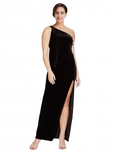 One Shoulder Long Velvet Formal Dress with Side Split and Shoulder Tie UK