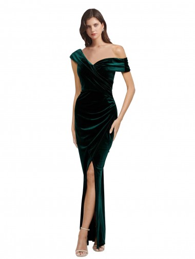 Long Asymmetric Neckline Ruched Velvet Formal Dress UK